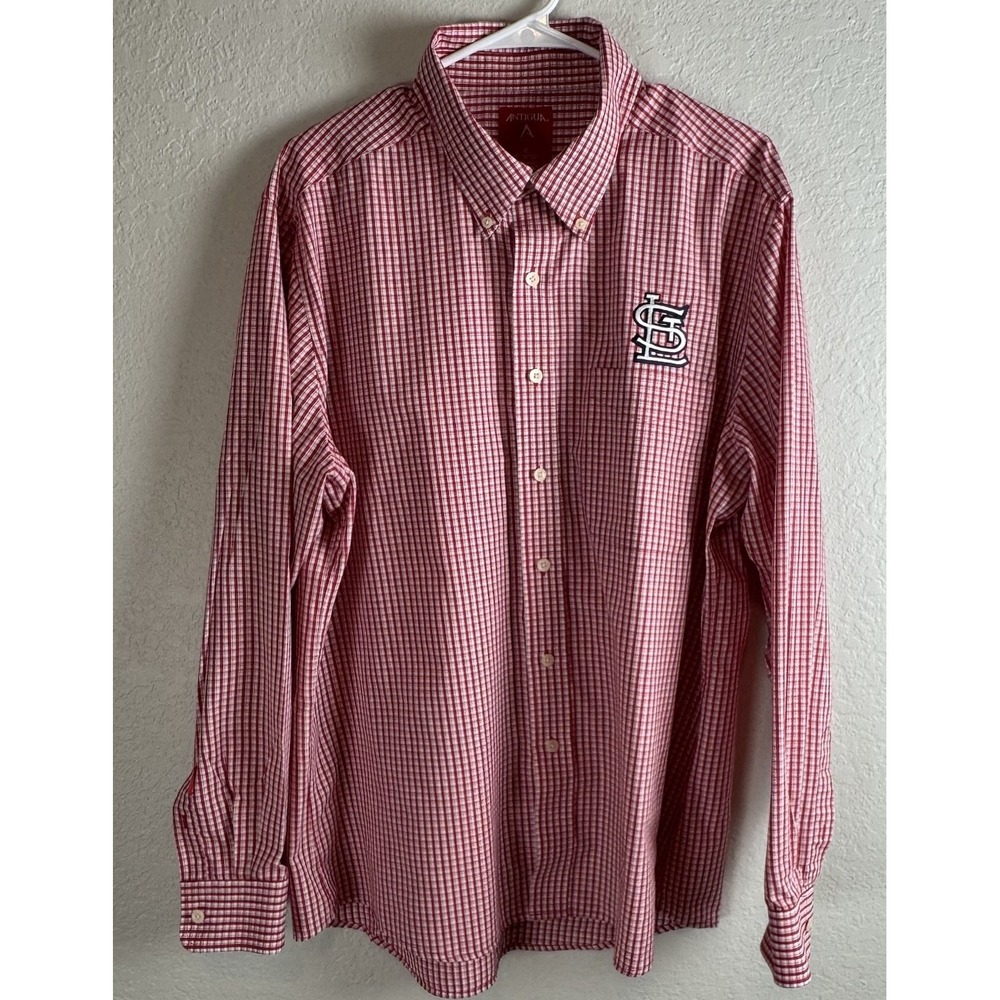 Antigua St. Louis Cardinals Long Sleeve GinghamShirt Xl  Embroidered  Red White